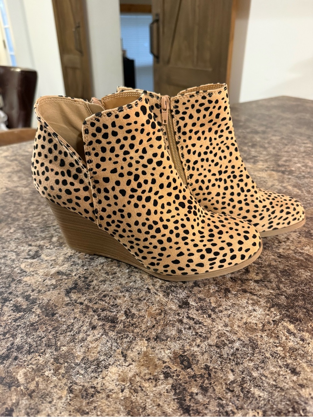 Soda Tan and Black Leopard Print Wedge Ankle Booties